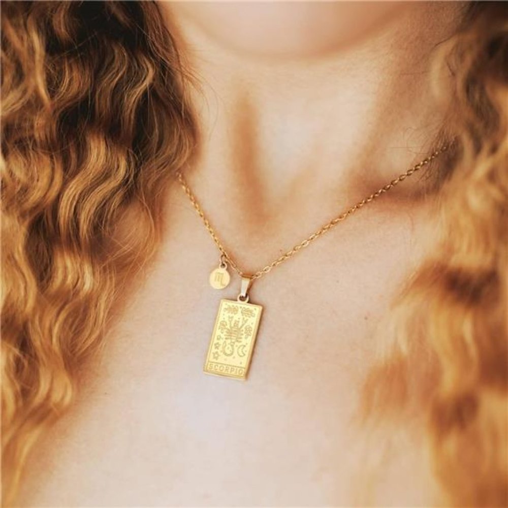 Zodiac Sign Necklace Scorpio Constellation Tarot Card Pendant Double Sided - Picture 2 of 5